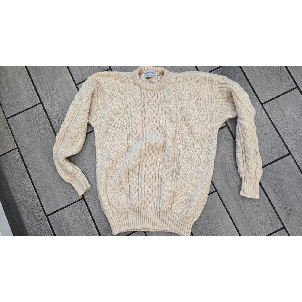 Patrick Malin Donegal Ireland Aran Cable Knit Wool Sweater Cream Mens Large